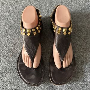 Tory Burch Leather Studded Gladiator Sandal Thong Cuff Ankle Wrap Brown Size 10M